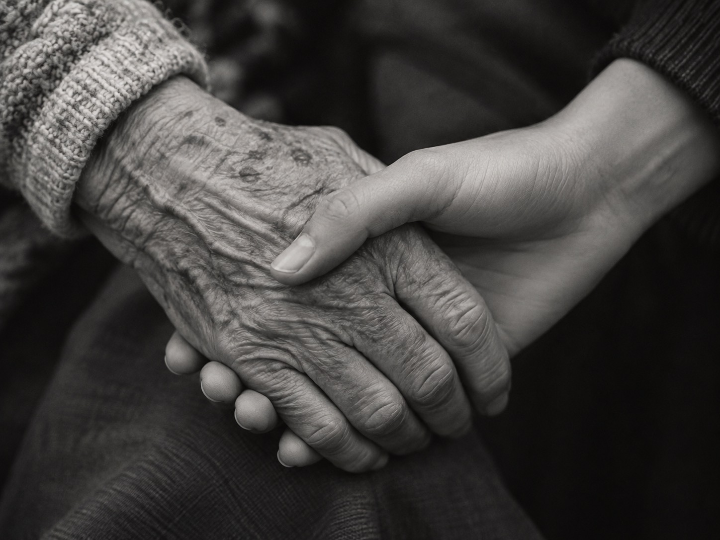 A younger hand gently holding a wrinkled older hand